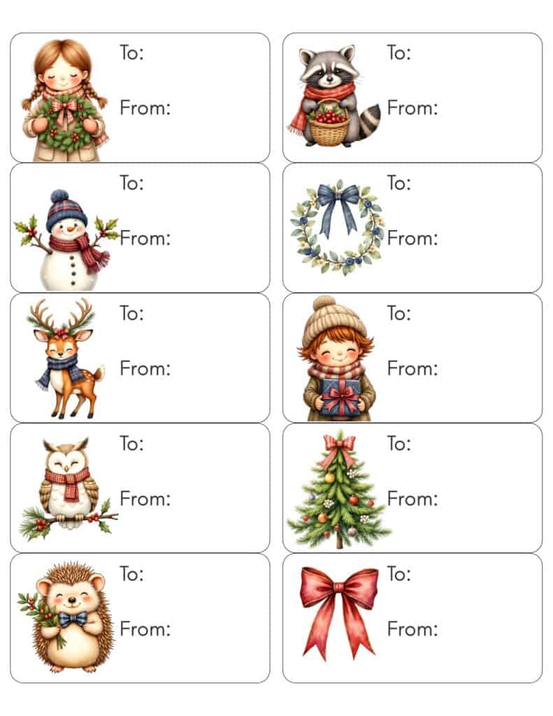 A sheet of to and from gift tags for christmas presents with cute Christmas watercolor clipart