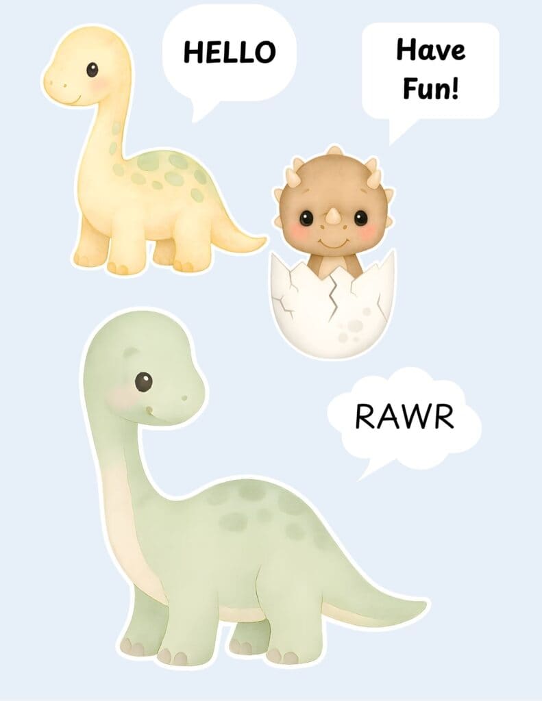 A digital sticker sheet with various dinosaurs on it with word stickers that say hello, rawr and have fun.