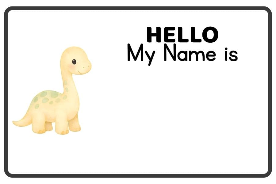 A name tag that says HELLO My Name Is with a dinosaur on the left